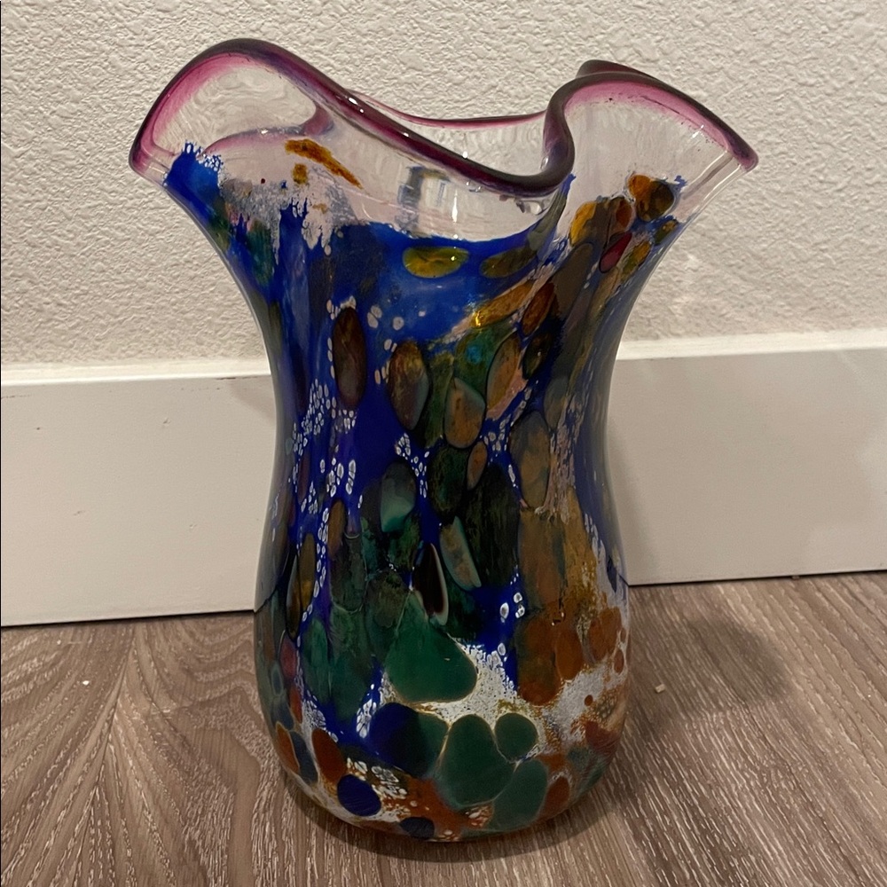 Colorful Serpentine Art Glass Ruffle Vase Lowell Duell Signed